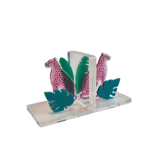 New Pink Green Acrylic Bed Room / Office Jungle Safari Cheetah Bookend Set - Picture 3 of 3